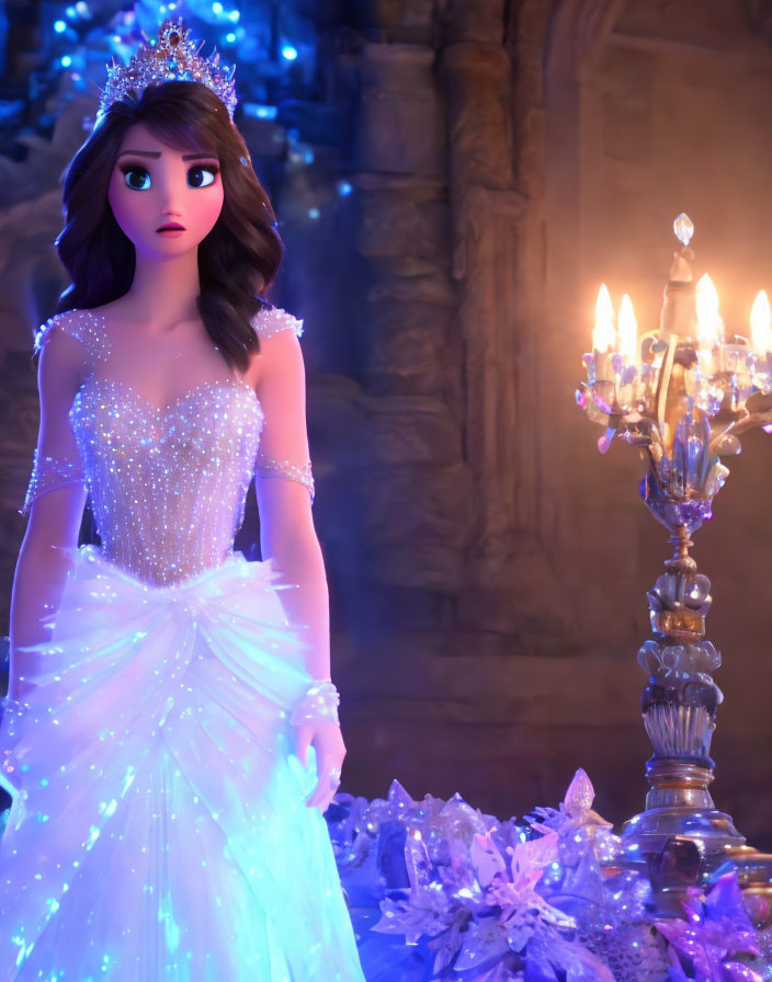 Sparkling White Gown Princess in Enchanted Castle Setting