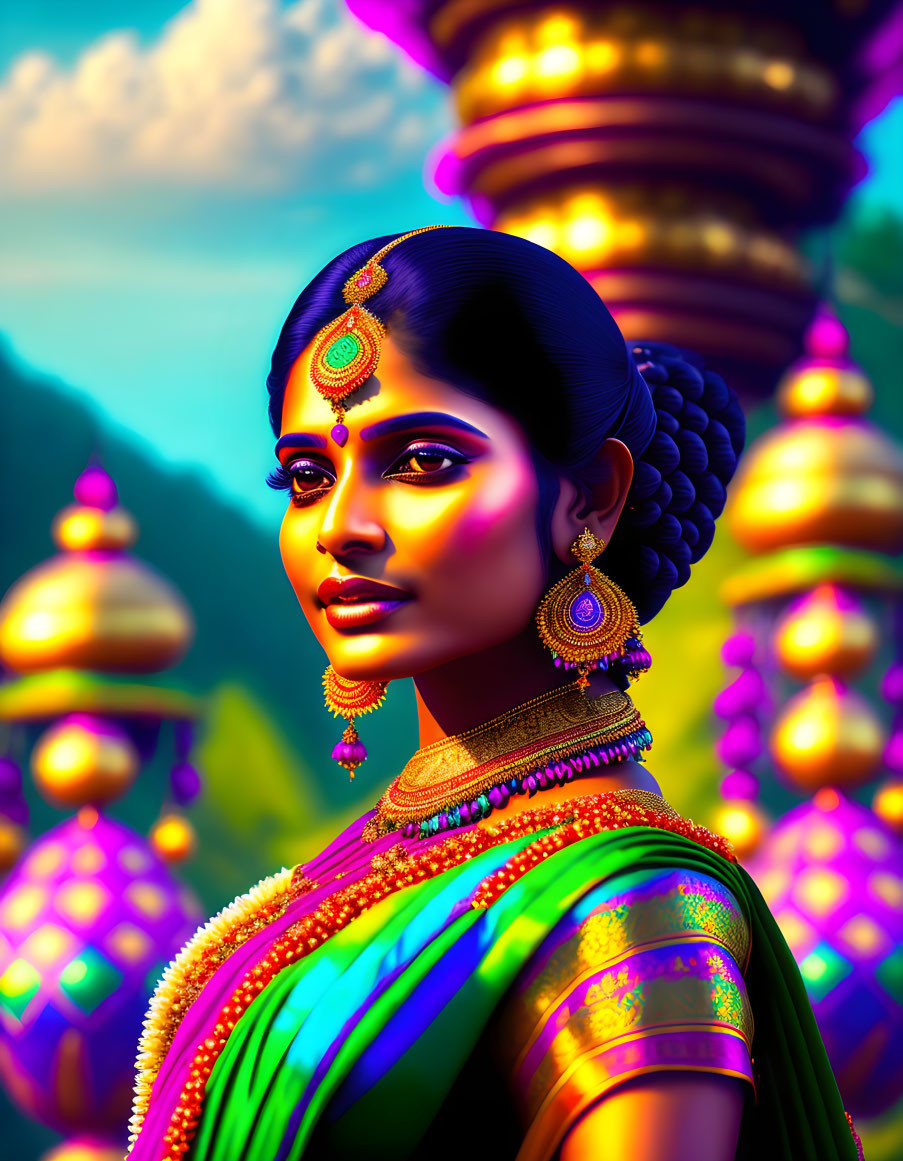 Colorful illustration of woman in traditional Indian attire with intricate jewelry against ornate temple backdrop