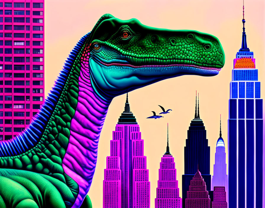 Colorful Dinosaur Artwork Featuring Birds and City Skyline