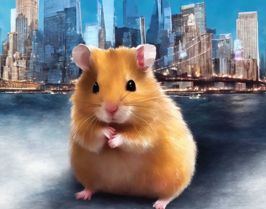 Oversized hamster with city skyline backdrop