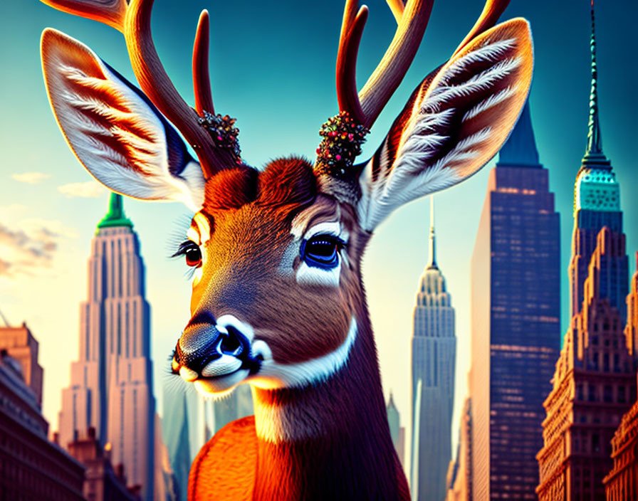 Stylized digital image: Reindeer with large antlers against NYC skyline at sunset