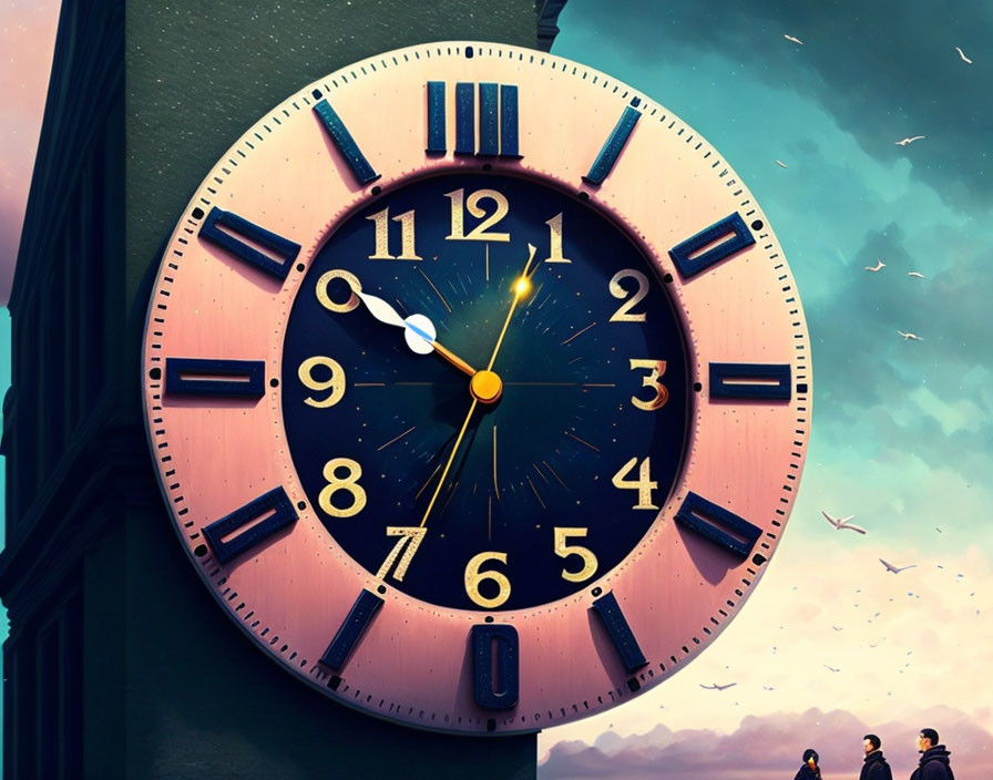 Vintage street clock showing ten past ten with tiny people against surreal sky.