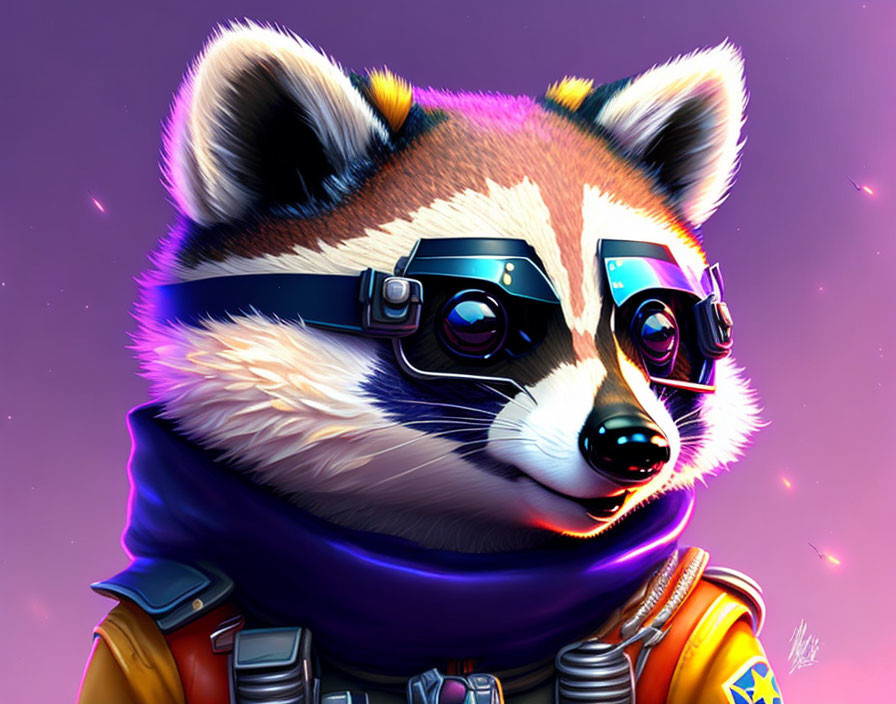 Stylized raccoon illustration in futuristic outfit on purple background