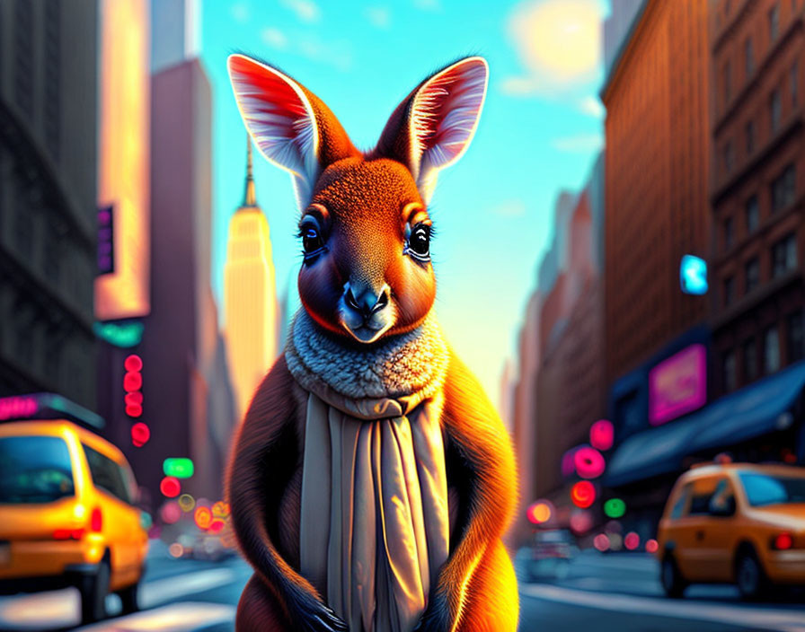 Stylized kangaroo character in cityscape with skyscrapers and traffic