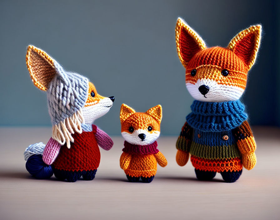 Knitted Toy Foxes in Colorful Clothes on Wooden Surface