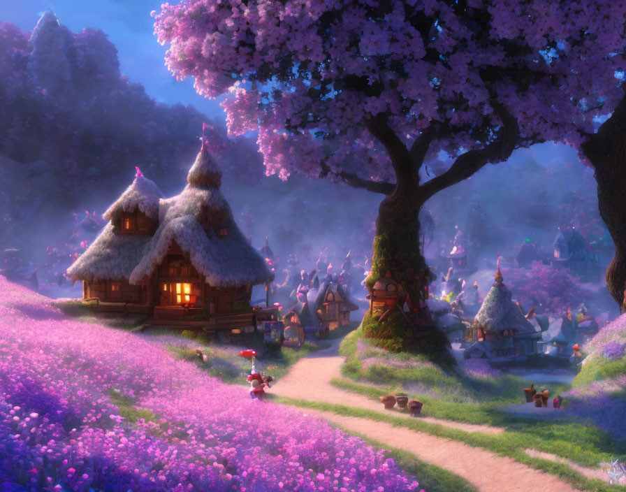 Enchanting village scene with thatched-roof cottages and glowing trees