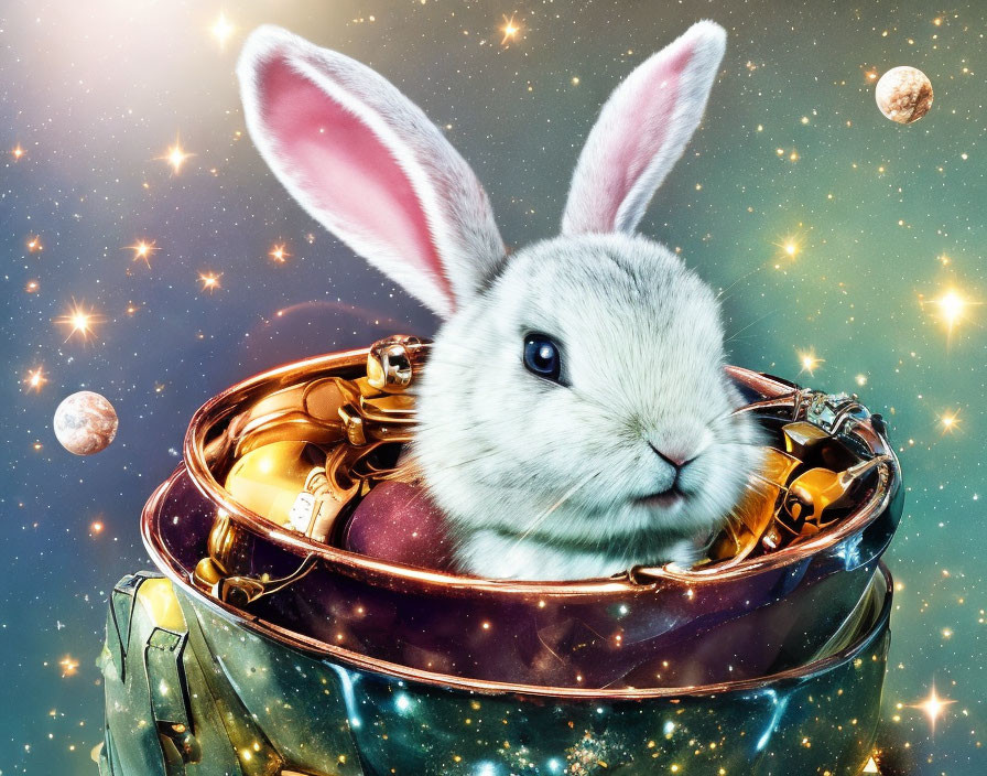 Whimsical image of cute rabbit in ornate top hat against starry space backdrop