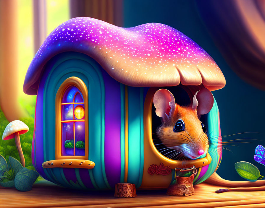 Vibrant mouse illustration in whimsical house under twilight sky