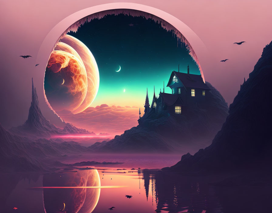 Surreal landscape with planet, moon, house, birds, and reflective water
