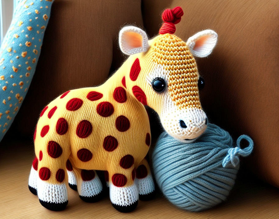 Colorful Crocheted Toy Giraffe with Red Spots Next to Blue Yarn