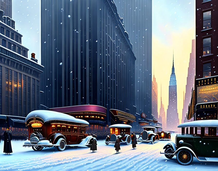 Snowy city street scene with vintage cars and pedestrians at dusk.