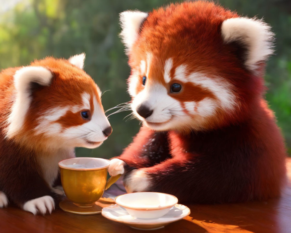 Two red pandas with tea set and cup in sunlight at table