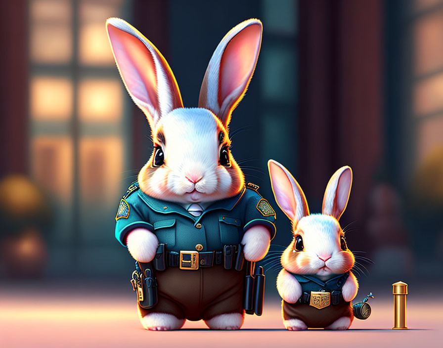 Anthropomorphic rabbits as police officers in cityscape