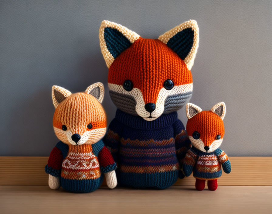Three knitted fox toys in different sizes on wooden surface with one in blue striped sweater