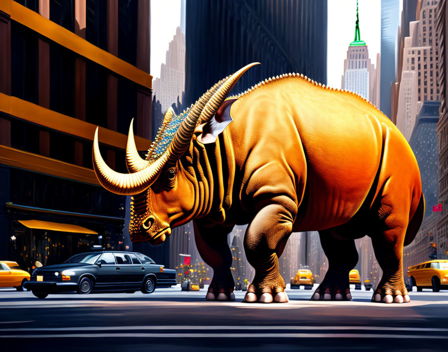 Stylized giant rhinoceros in city street with skyscrapers