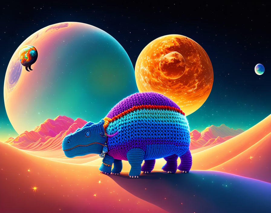 Vibrant digital artwork: Knitted dinosaur in cosmic setting
