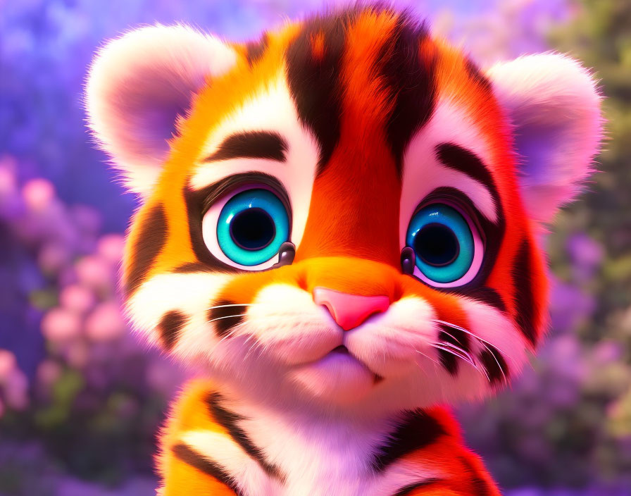 Animated Tiger Cub with Blue Eyes on Purple Floral Background