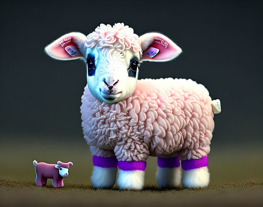 Stylized lamb with exaggerated wool and purple bands next to toy bear