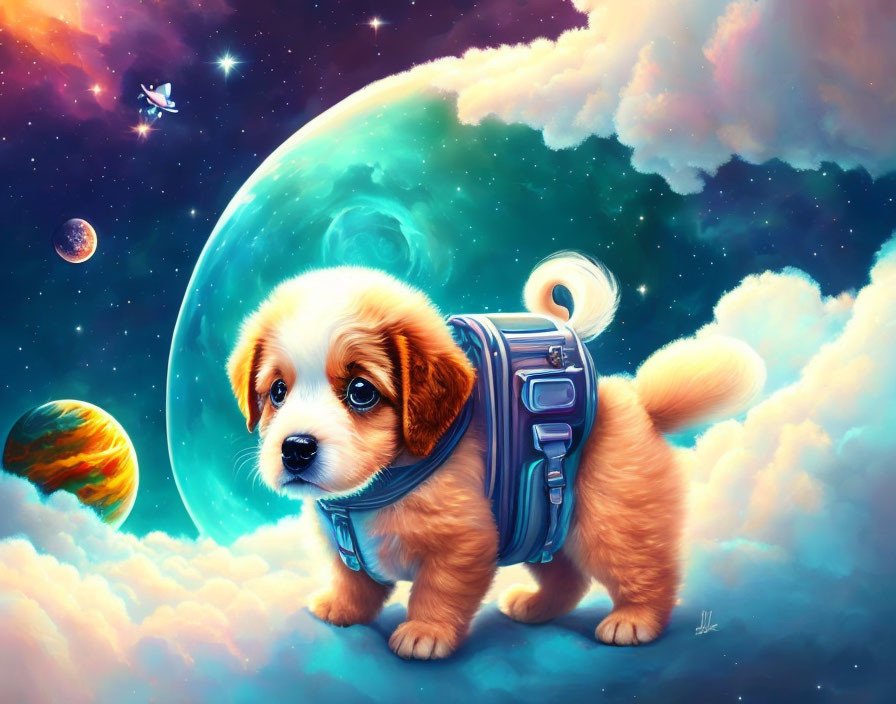 Cute Puppy in Space Suit on Celestial Surface