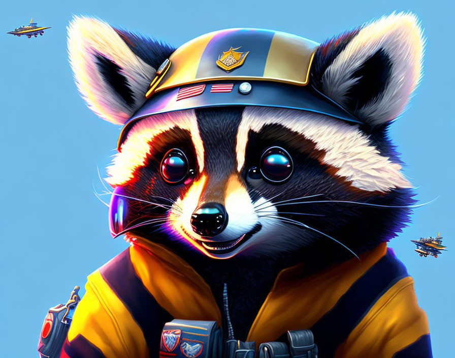 Anthropomorphic raccoon in pilot uniform with aviation goggles among miniature aircraft.