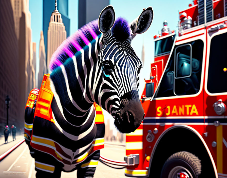 Colorful Zebra with Neon Mane and Fire Engine in City Setting
