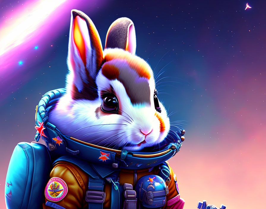 Anthropomorphic rabbit in colorful space suit against cosmic background