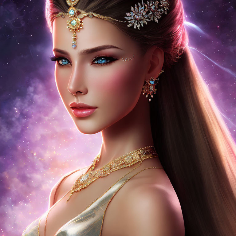 Digital portrait of woman with blue eyes and gold jewelry in cosmic background