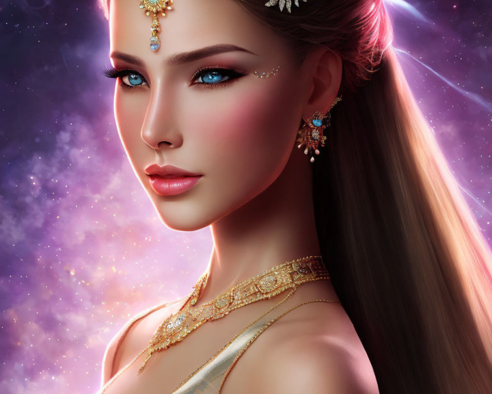 Digital portrait of woman with blue eyes and gold jewelry in cosmic background