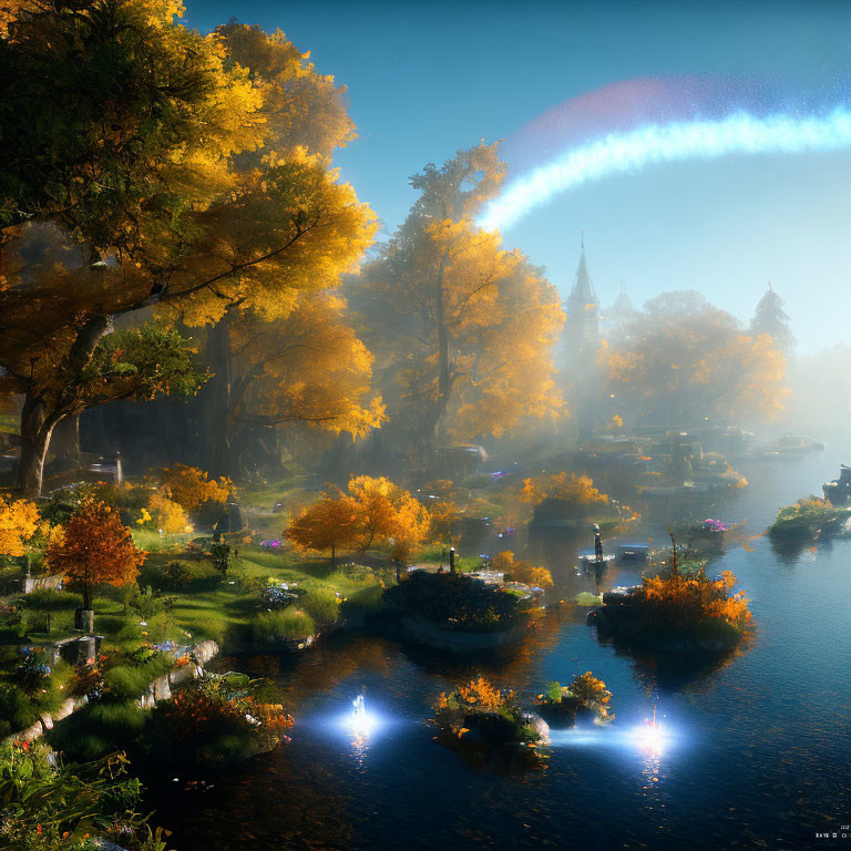 Autumnal landscape with rainbow, river, lanterns, trees, and castle spires