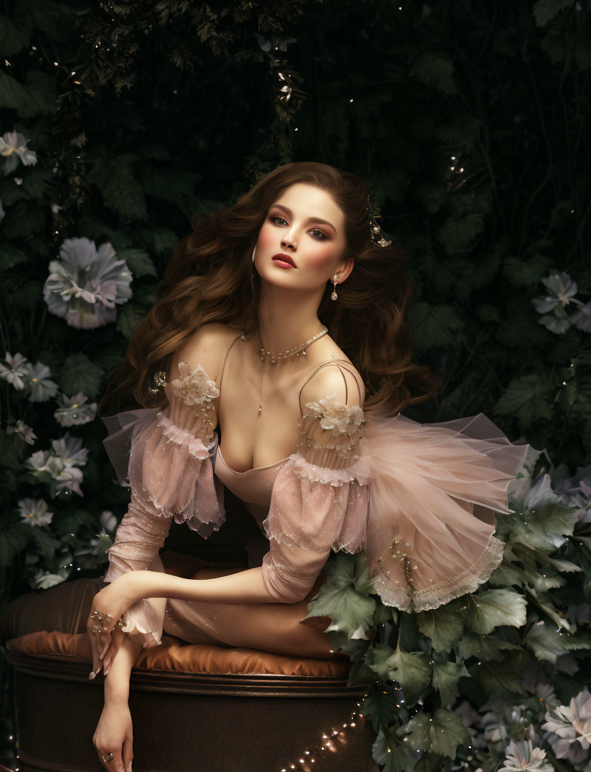 Styled woman in pink dress amidst green foliage and white flowers