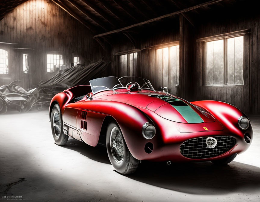 Vintage Red Sports Car Parked in Rustic Wooden Barn with Sunlight Streaming Through Windows