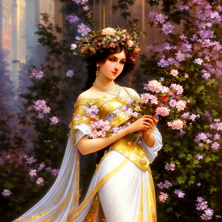 Woman in floral wreath and golden gown surrounded by pink flowers