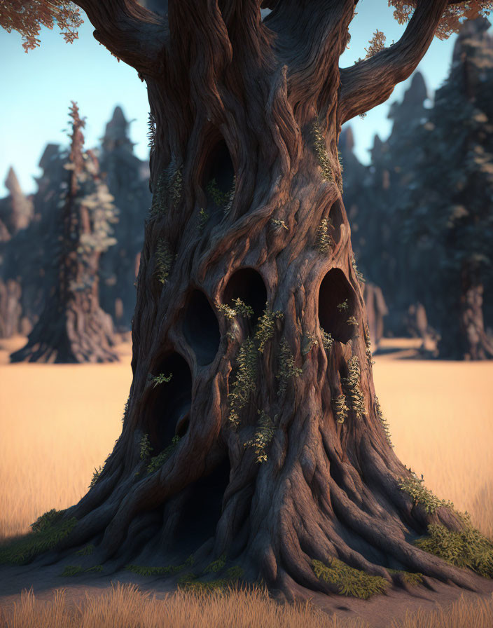 Ancient gnarled tree with hollows in tranquil forest clearing