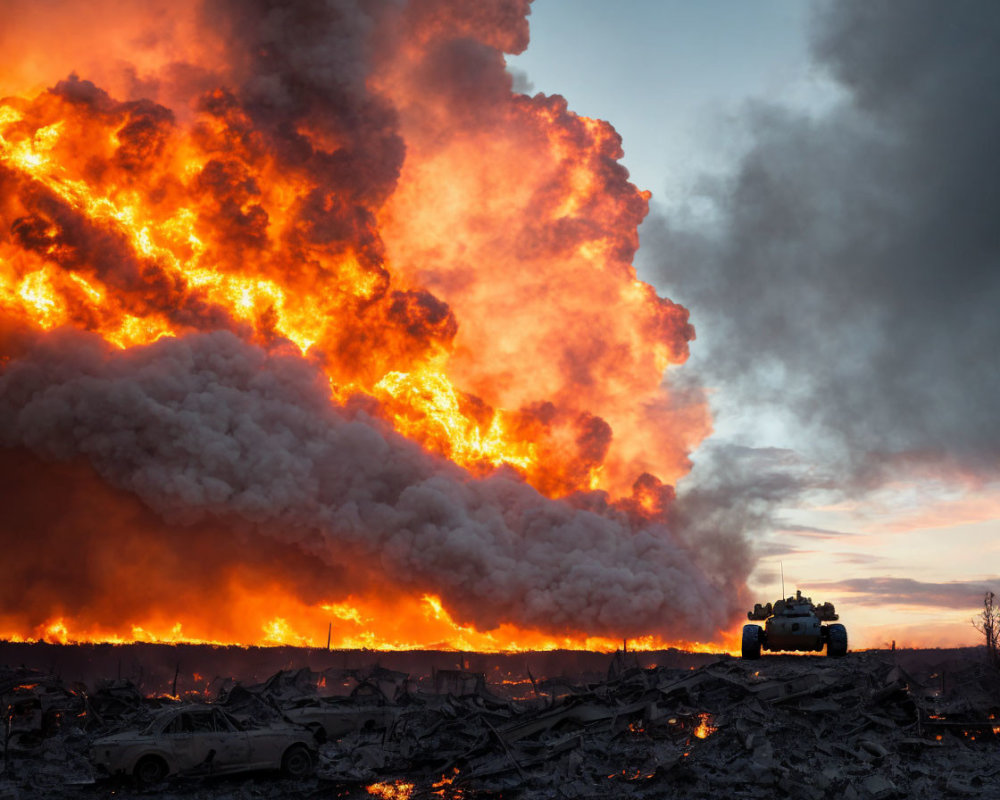 Massive fire with orange flames and tank silhouette in dusk sky