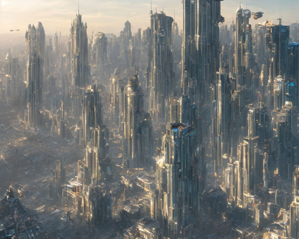 Futuristic cityscape with skyscrapers, flying vehicles, and sun backdrop
