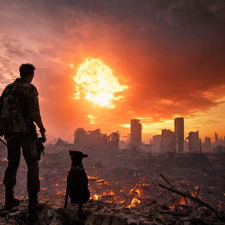 Person and dog amidst ruins at dramatic sunset