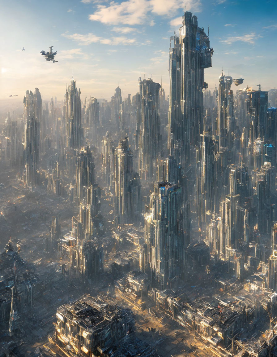 Futuristic cityscape with skyscrapers, flying vehicles, and sun backdrop