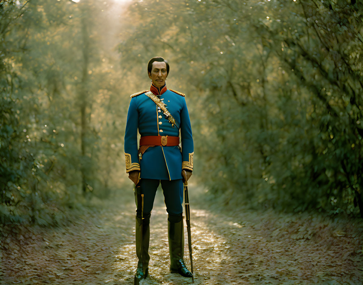 Man in historical military uniform holding a rifle in sunlit forest