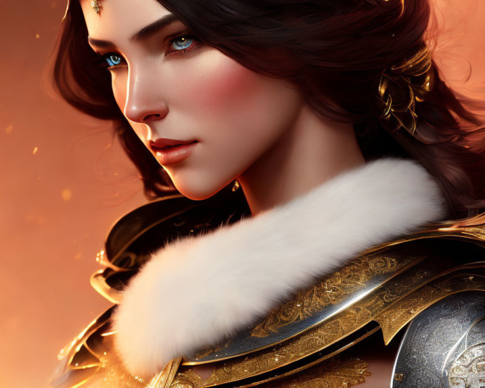 Digital portrait of woman in golden armor with blue eyes