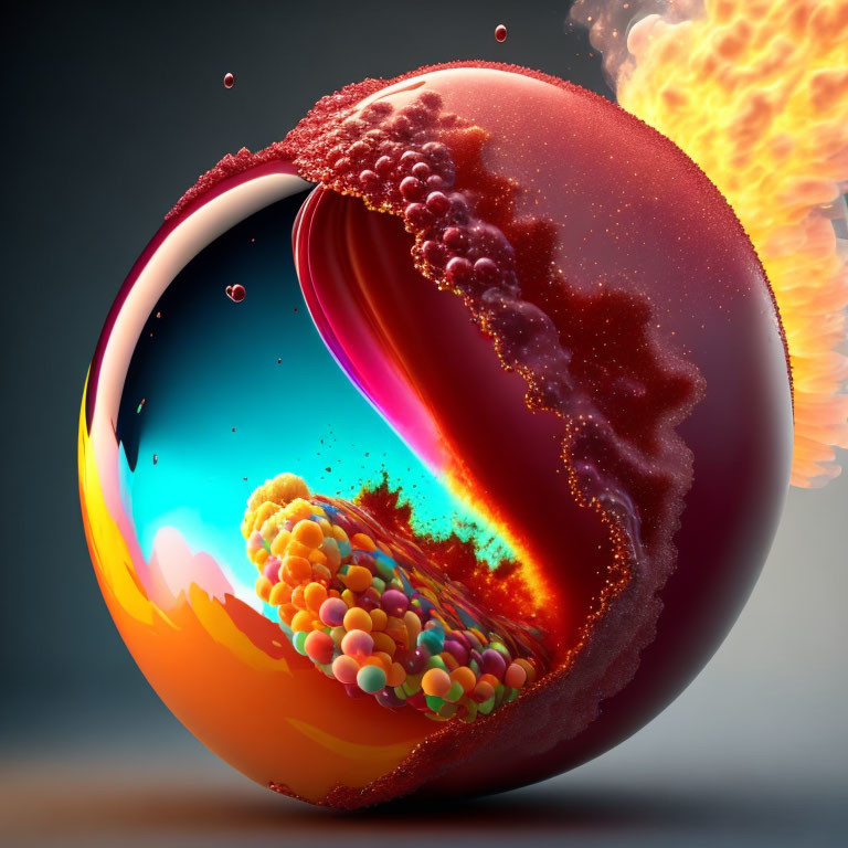 Colorful spherical digital artwork with fiery explosion and psychedelic landscape