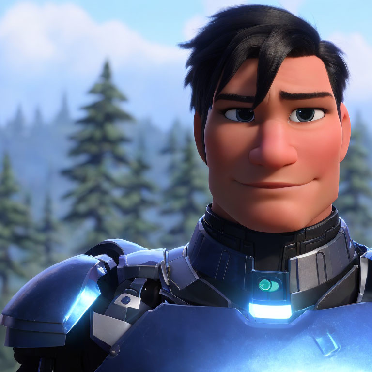 Confident 3D Animated Character in Futuristic Blue Armor with Forest Background