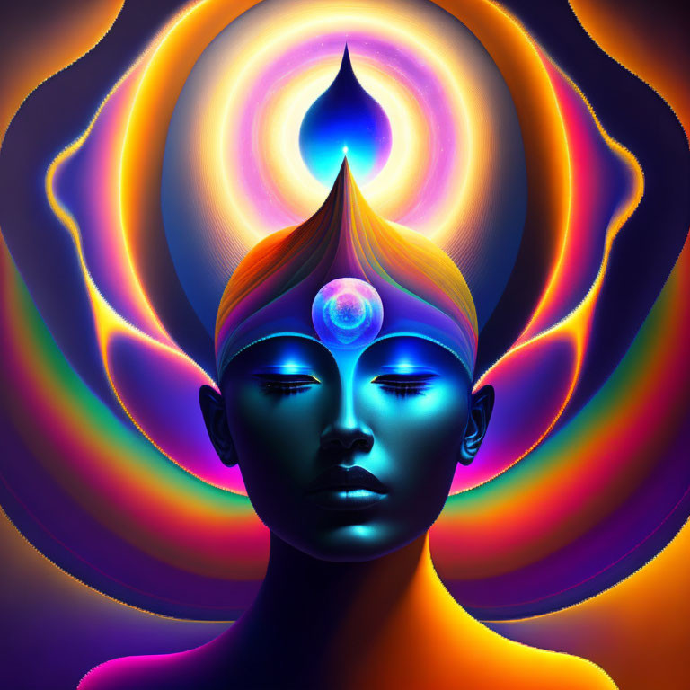 Vibrant digital artwork of meditative face with flame and psychedelic aura.