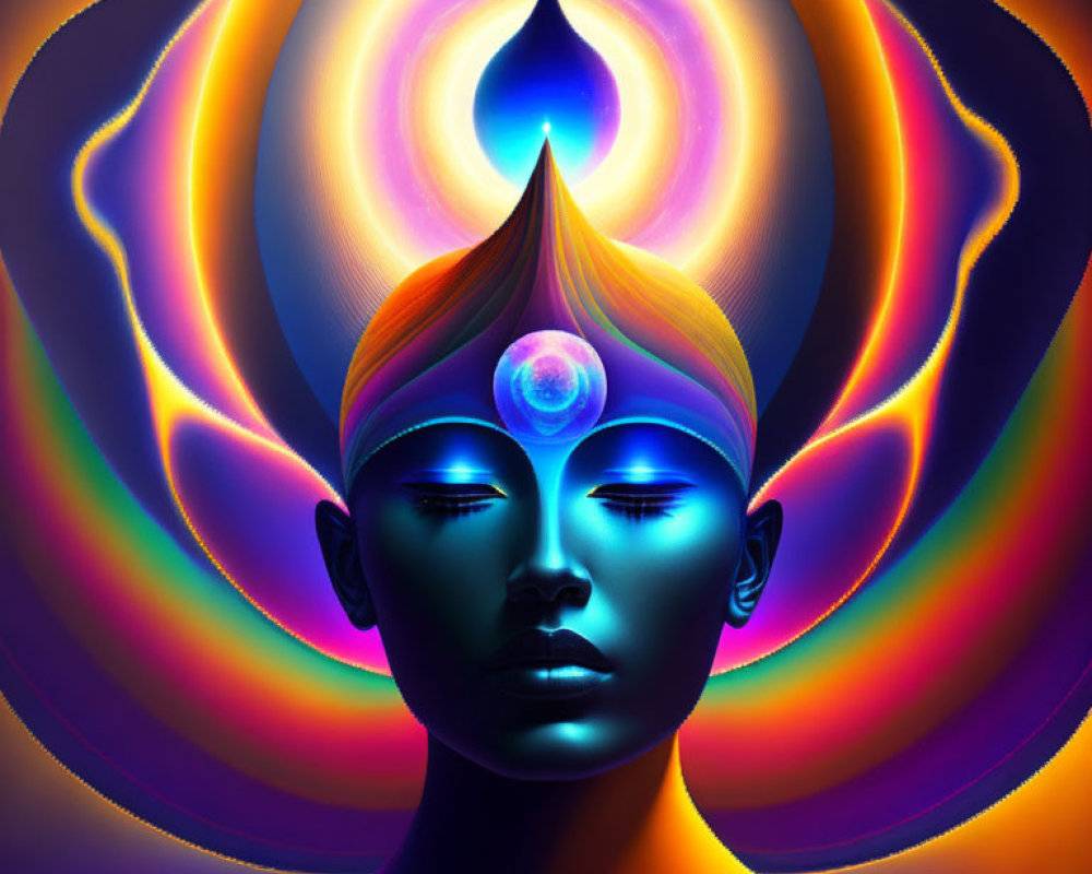 Vibrant digital artwork of meditative face with flame and psychedelic aura.