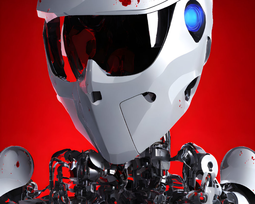 Detailed 3D Rendering of Futuristic Robot with White Helmet and Blue Glowing Eye on Vivid