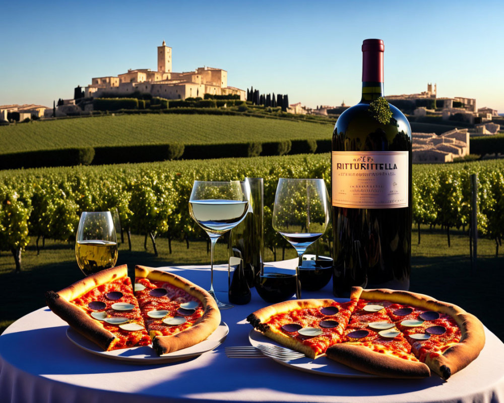 Outdoor Dining Setup with Pizzas, Wine, Vineyards, and Castle View