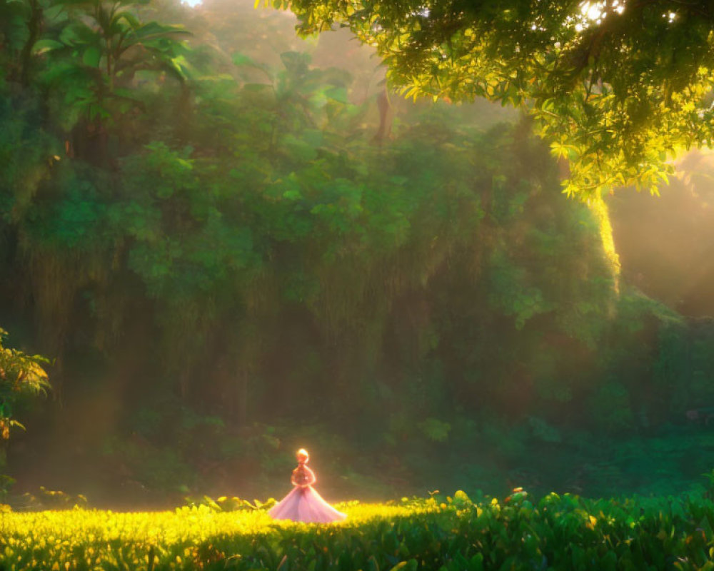 Person in pink dress surrounded by lush jungle foliage in serene setting