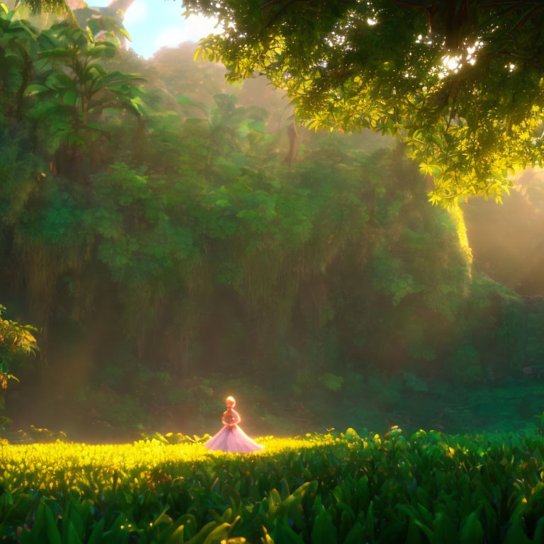 Person in pink dress surrounded by lush jungle foliage in serene setting