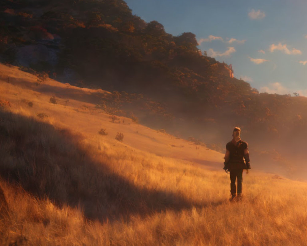 Person in golden sunset field with camera, hills and trees in warm light