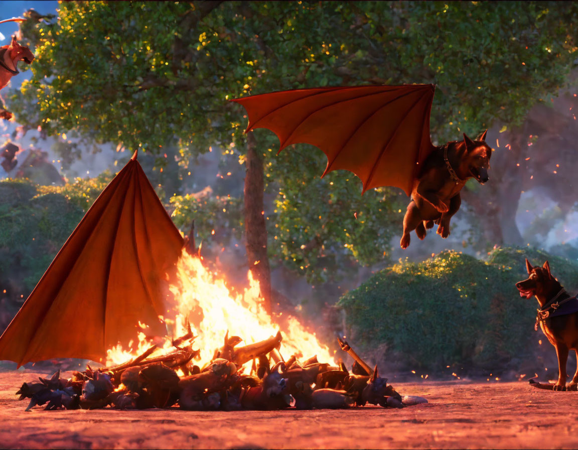 Animated scene of dog with bat wings jumping over campfire beside tent, another dog watching.