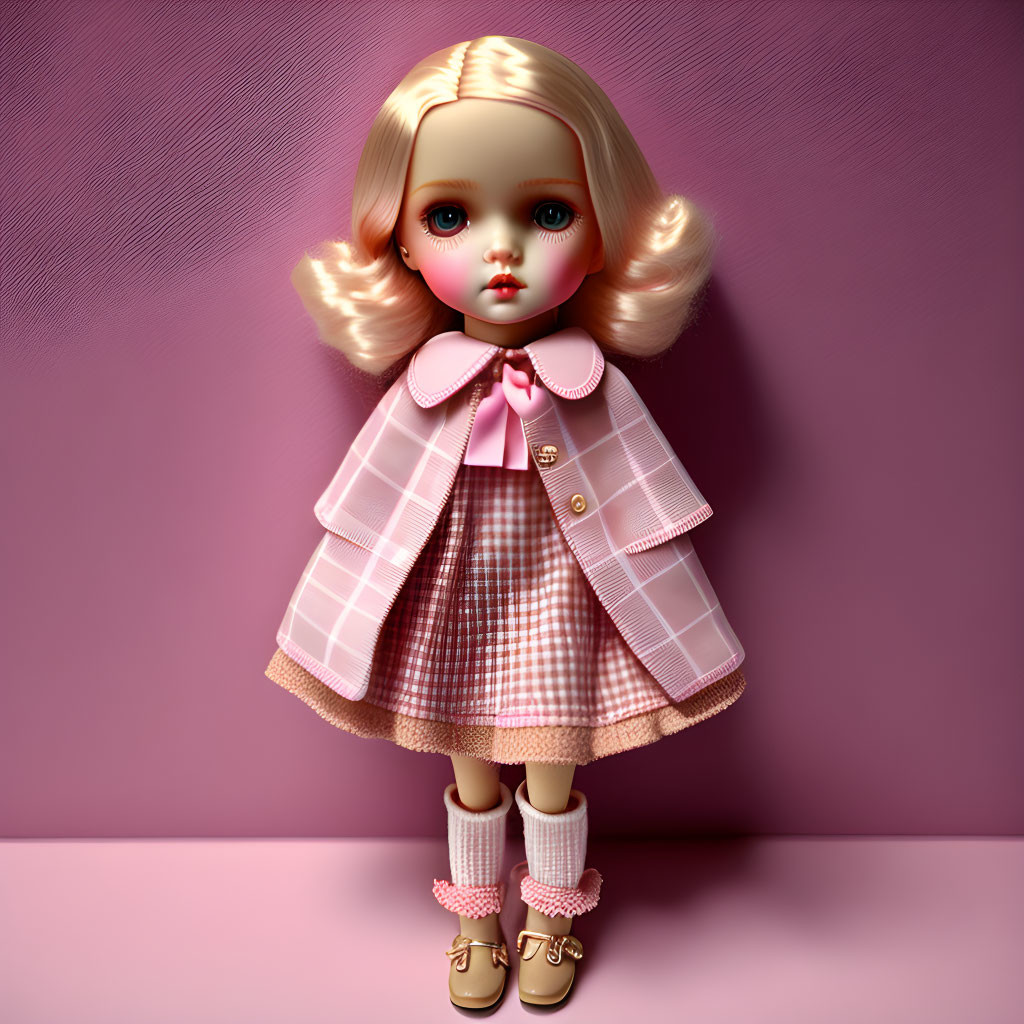 Blonde Hair Doll in Checkered Pink Outfit on Pink Background